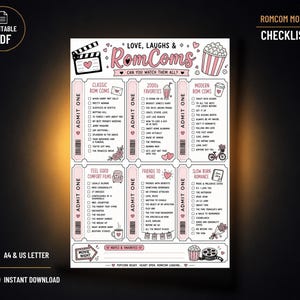 May include: A printable RomCom movie checklist featuring six categories of romantic comedy films. The white document includes pink accents, movie-themed illustrations like popcorn and clapperboards, and checkboxes for tracking watched movies.