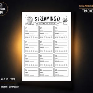 May include: A white printable streaming shows tracker sheet with black ink. The header reads STREAMING Q and SHOWS TO WATCH, featuring a popcorn bucket and a potted plant. It includes twelve rectangular boxes with fields for genre, seasons, and star ratings.
