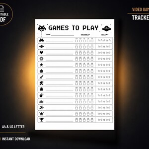 May include: A white printable video game tracker sheet with black pixel art icons. The header reads GAMES TO PLAY and VIDEO GAME TRACKER. It features rows with icons, lines for game titles, progress checkboxes labelled start to done, and star ratings.