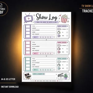 May include: A printable TV show log tracker sheet featuring three sections for recording show details like title, season, episode count, genre, and date finished. Includes rating stars, viewing source checkboxes, and illustrations of a television, popcorn, director chair, and clapperboard.