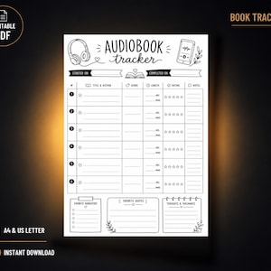 May include: A black and white printable audiobook tracker sheet featuring the title "AUDIOBOOK tracker" at the top, with illustrations of headphones and a smartphone. The layout includes a numbered table for book details, ratings, and notes, plus sections for favourite narrators, quotes, and takeaways.