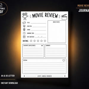 以下が含まれることがあります： 黒いテキストとアイコンが印刷された白い映画レビュー日記ページ。タイトル、監督、ジャンル、上映時間、鑑賞日、映画ポスター用の枠、星評価、お気に入りのセリフ、あらすじ、レビューセクションの記入欄が配置されています。