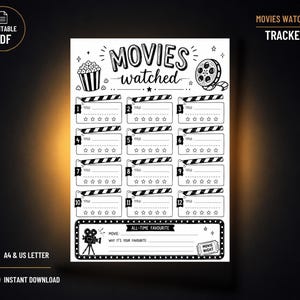 Puede incluir: Una hoja de seguimiento de películas imprimible en blanco y negro con el texto MOVIES watched. El diseño incluye un cubo de palomitas, un carrete de película y doce secciones numeradas de claqueta con líneas para títulos y estrellas.