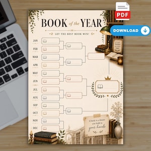 May include: A printable Book of the Year tournament bracket chart featuring a monthly layout from January to December. The design includes illustrations of bookshelves, a lamp, and a note with the text A book is a dream you hold in your hands.