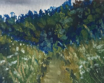 Originales Miniaturlandschaftsgemälde, Waldminiatur-Kunstwerk ATC/ACEO 3,5 × 2,5