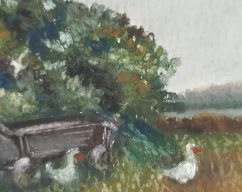Miniaturlandschaft, ländliche Szene, ATC/ACEO-Originalgemälde, Cottage Core Gänse-Pastoralkunst