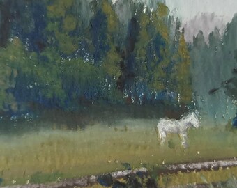 Ländliche Landschaft mit weißem Pferd und Wald, ATC-/ACEO-Karte, Dark Cottagecore Art, 3,5 × 2,5