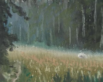 Kleines Landschaftsgemälde mit Schafen auf einer Lichtung (ATC/ACEO-Karte, 3,5 × 2,5 Zoll)