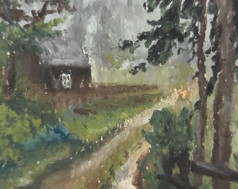 Miniaturlandschaft, Originalgemälde, Landhausszene, ACEO/ATC, rustikale Landhaus-Ölpastell-Miniaturkunst