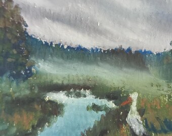 Natur-Sumpf-Gemälde ATC/ACEO-Karte, Miniatur-Impressionisten-Kunstwerk im rustikalen Stil, 3,5 × 2,5
