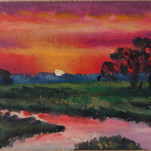 Sunset Landscape with River Original Artwork ATC / ACEO Art Card, Oil Pastel Mini Painting