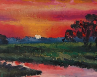 Sonnenuntergangslandschaft mit Fluss, Originalkunstwerk (ATC/ACEO-Kunstkarte), Ölpastell-Miniaturgemälde