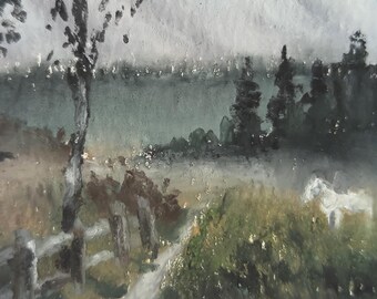 Kleine Landschaftskarte mit weißem Pferd (ACEO/ATC), ländliche Szene, Ölpastell, nebliges Gemälde