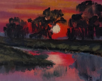 Sonnenuntergangsgemälde, Original kleines Kunstwerk auf ATC-/ACEO-Karte, Naturlandschaft, Ölpastellzeichnung