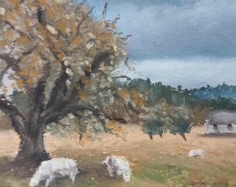 Herbstlandschaft mit Schafen, kleines Gemälde, Herbstliche Natur, ländliche Kunst, 4,1 × 5,7 Zoll