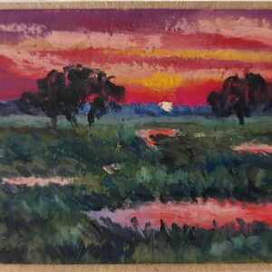 Landscape at Sunset Original Artwork ATC / ACEO Art Card, Marsh Oil Pastel Mini Painting
