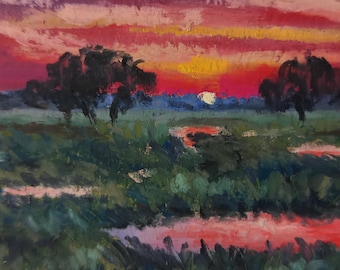 Landschaft bei Sonnenuntergang, Originalkunstwerk, ATC/ACEO-Kunstkarte, Mini-Ölpastellgemälde „Marsh“