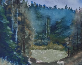 Nebliger Wald – Original-Kleinbildgemälde, stimmungsvolle Naturszene mit Schafen, Ölpastell-Miniaturlandschaft