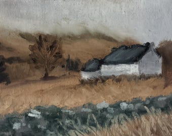 Original Miniatur Herbst Landschaft Ölpastell Kunst, weißes Landhaus ACEO Gemälde