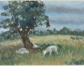 Ländliche Schafe, kleine Landschaft, ATC / Original ACEO, pastorale Szene, impressionistisches Ölpastellgemälde