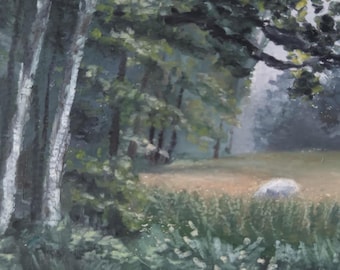 Originales ländliches Gemälde, Ölpastell, pastorale Landschaft, Schafszene, Cottage-Stil, kleines Gemälde