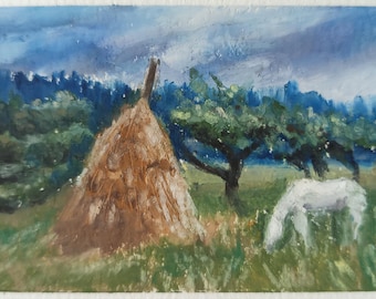 Impressionistische Landschaftsmalerei (ATC/ACEO-Original), Ölpastellgemälde „Landschaft mit weißem Pferd“, kleines Gemälde