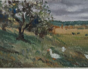 Ländliche Landschaft Gänse Kunst ATC / Original ACEO, Landschaft Miniatur Öl Pastell Landschaftsmalerei
