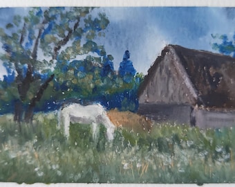 Ländliche Landschaft ATC / Original ACEO, Pferd und Bauernhaus impressionistische kleine Ölpastellmalerei