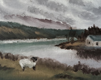 Ölpastell impressionistische Landschaft mit Schaf ACEO Art / ATC, handgemalte Mini-Landschaft