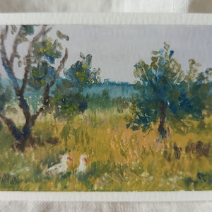 Countryside Geese Painting ATC / Original ACEO, Rural Landscape Oil Pastel Mini Art