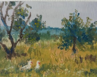 Landschaft Gänse Malerei ATC / Original ACEO, Ländliche Landschaft Öl Pastell Mini Art