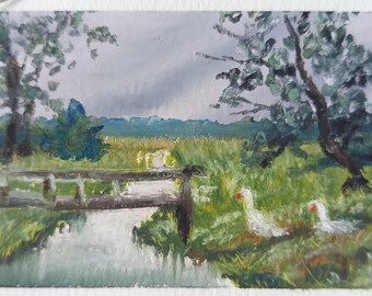 Landschaft Szene Gänse Malerei Original ACEO/ATC, Kleine Landschaft Öl Pastell Gemälde 3,5 x 2,5
