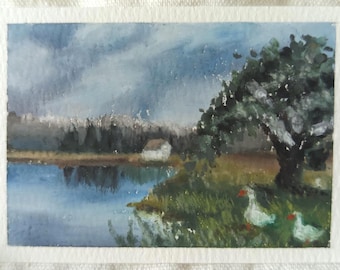 Miniaturmalerei, ländliche Landschaft, ATC/ACEO, Goose Lake und Hüttenszene, kleines Kunstwerk