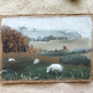 Mini Landscape Autumn Sheep Pasture Oil Pastel Art, Countryside Scenery Original ATC / ACEO