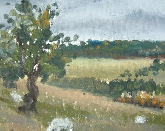 Schafe in ländlicher Landschaft, ATC/ACEO Original, Miniaturgemälde einer ländlichen Weide, 3,5 × 2,5