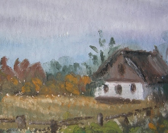 Countryside Landschaft Pferd & Hütte ATC / Original ACEO, pastorale Szene Kleines Gemälde 3,5 × 2,5