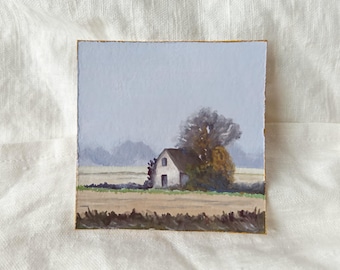 Herbstliche Gouache-Landschaft, kleines Gemälde, ländliches Cottage, Herbstlandschaft, Miniaturkunstwerk