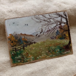 Miniature Art Autumn Countryside Rural Landscape, Tree and Fall Foliage Original ACEO / ATC