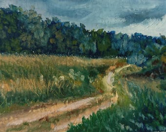 Field Country Road ATC Original / ACEO, impressionistische Landschaftsszene Ölpastell Mini Gemälde