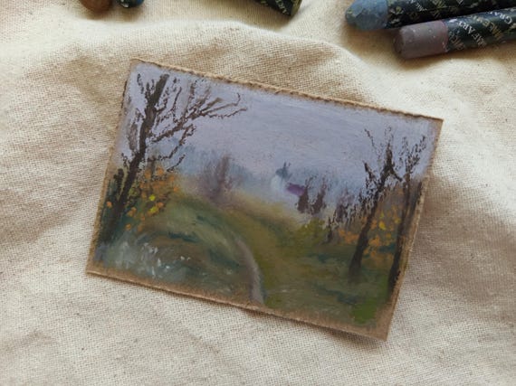 Foggy Rural Landscape ACEO Original Painting, Moody Countryside ATC, Miniature Rustic Art Card