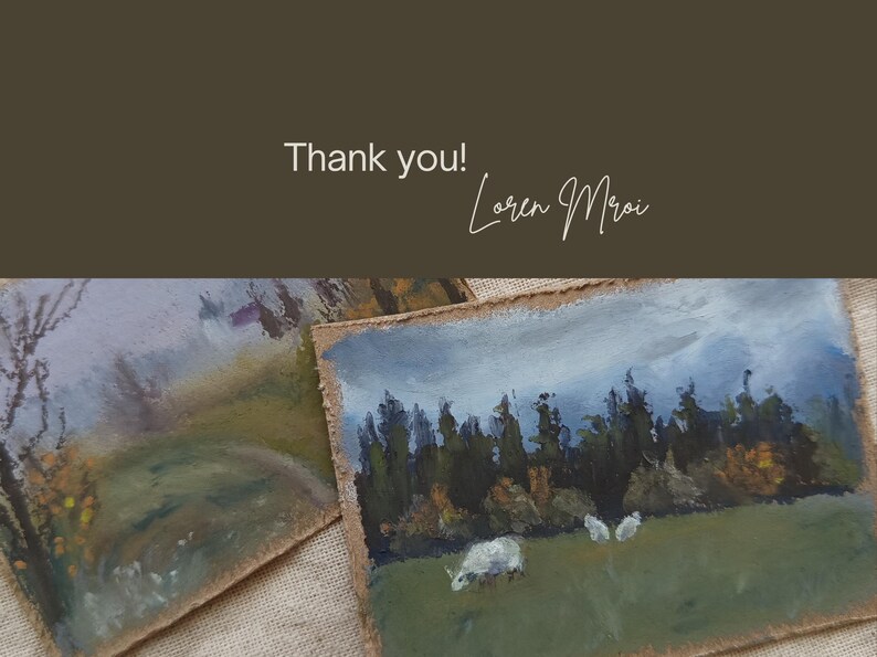 May include: Two landscape paintings with a forest and sheep scene. The paintings are on textured paper with a brown border. The top of the image has the text "Thank you!" and a signature.