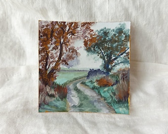 Herbstbäume, Gouache, kleines Gemälde, ländliche Herbstlandschaft, Miniaturkunstwerk