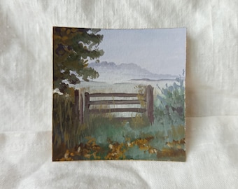Herbstlandschaft, Gouache, kleines Gemälde, Herbstliche Natur, Ländliche Kunst