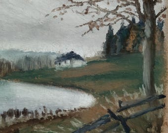 Herbst Landschaft Cottage Szene Kleine Kunst, Herbst Landschaft Öl Pastell Original ATC / ACEO