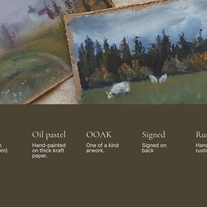 May include: Oil pastel artwork, hand-painted on thick kraft paper. The image depicts a landscape with trees, sheep, and a cloudy sky. The artwork is an ACEO, measuring 2.5 x 3.5 inches, and is signed on the back.
