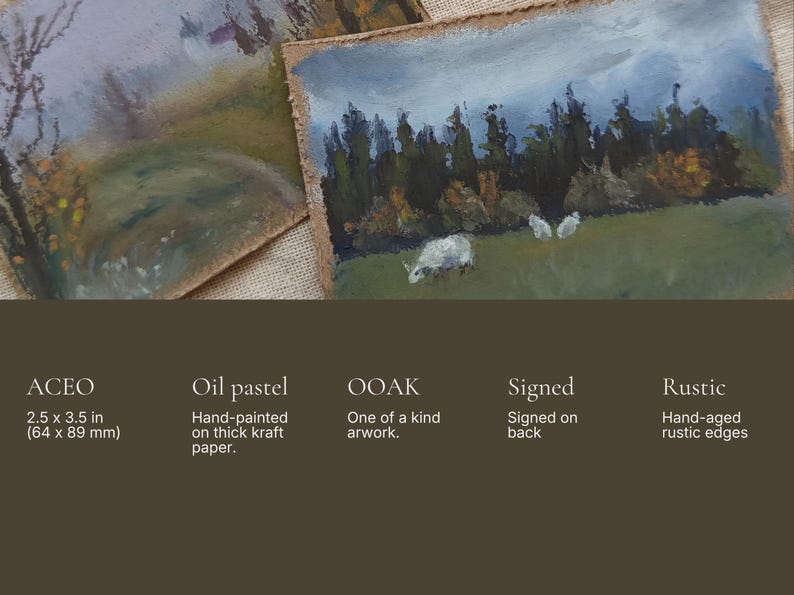 May include: Oil pastel artwork, hand-painted on thick kraft paper. The image depicts a landscape with trees, sheep, and a cloudy sky. The artwork is an ACEO, measuring 2.5 x 3.5 inches, and is signed on the back.