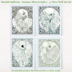 以下が含まれることがあります： Moonlit Ballerina Summer Flowers style 2と題された4枚組のウォールアートセット。各プリントには、流れるようなドレスを着たバレリーナの線画が描かれており、花柄のモチーフと月が緑と黒の色調で表現されています。
