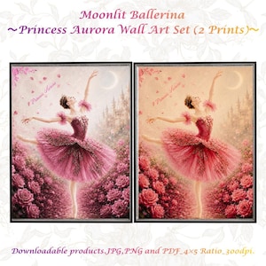 以下が含まれることがあります： Moonlit Ballerina Princess Aurora Wall Art Setというタイトルのウォールアートプリント2枚セット。各プリントには、バラの中で踊るピンクのチュチュを着たバレリーナと、背景に城と三日月が描かれています。テキストにはPrincess Auroraと記載されています。