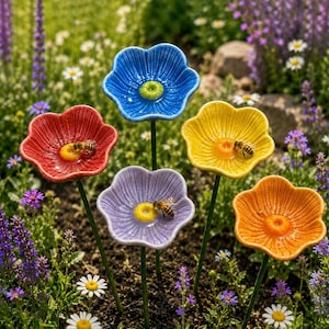 Handmade Ceramic Flower Garden Stakes, Colorful Bloom Decor with Bees, Summer Meadow Outdoor Garden Art, Cottage Garden Decoration