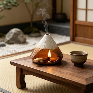 May include: A conical ceramic incense burner with a white top and brown base, featuring a wide arched opening. A burning piece of palo santo wood rests inside, emitting a thin trail of smoke from the top. A small, matching ceramic cup sits nearby.